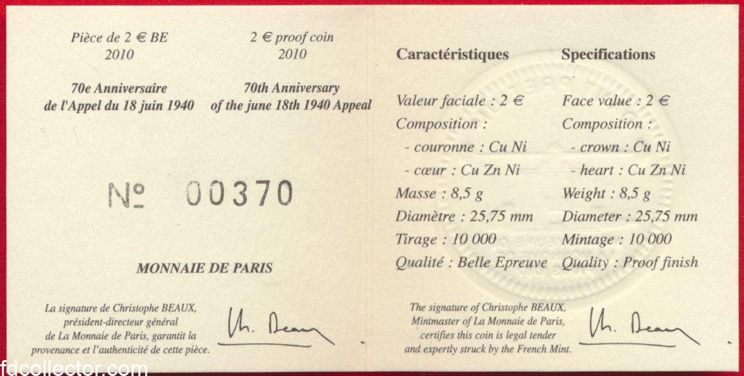 25 00 France 2 Euro 70e Anniversaire Appel Du 18 Juin 1940 Be Fdcollector